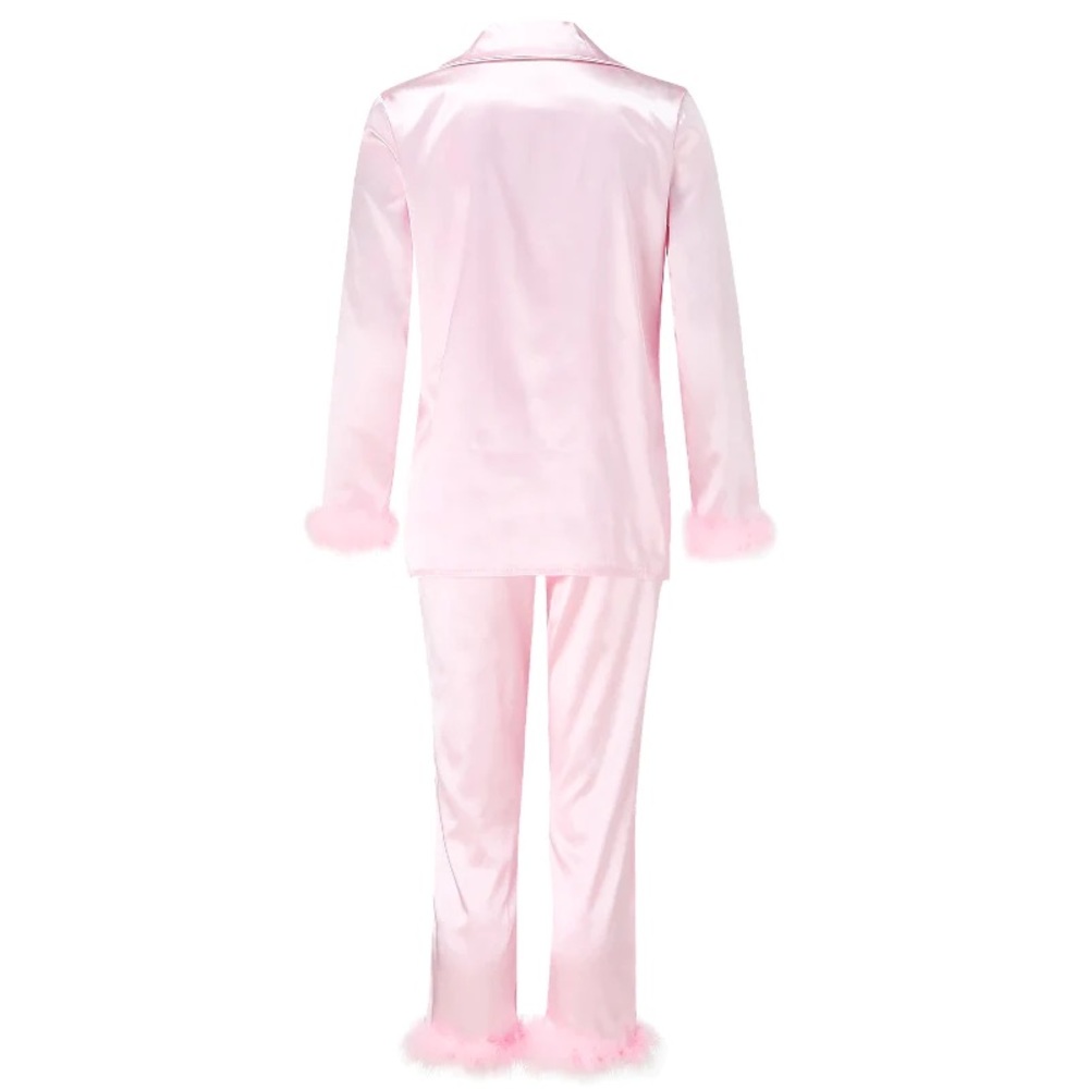 Feather Trim Satin Button-Up Top and Bottoms Pajamas - Picture 2 of 2